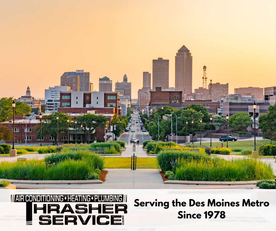 Skyline of Des Moines with a Thrasher Service Heating and Cooling logo in the upper coner