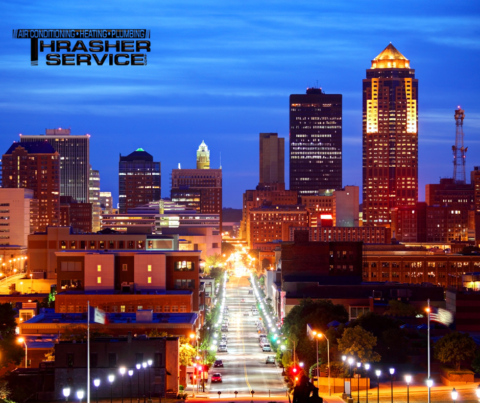 An evening view of Des Moines, the hometown of Thrasher Service Air Conditioning, Heating, and Plumbing.