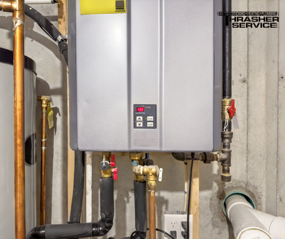 Image of a tankless water heater with a gas line repair completed by Thrasher Service in Des Moines Iowa.