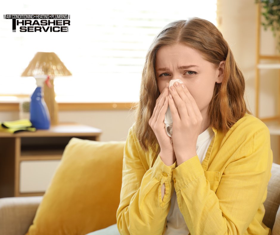 A Des Moines woman suffering from indoor allergies caused by excess dust before calling Thrasher Services for an Indoor Air Quality visit. 