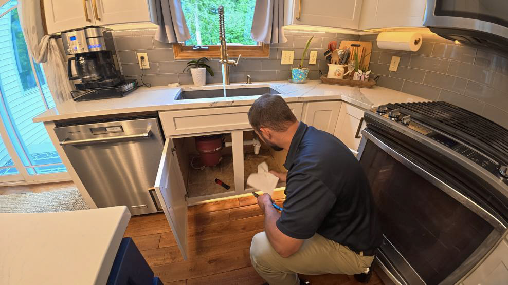 A Des Moines plumber from Thrasher Service begins a garbage disposal repair in a Des Moines home.